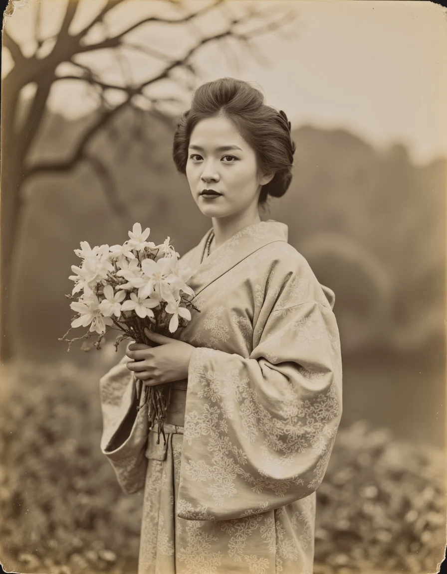 Sepia-toned vintage photograph in a classic Japanese portrait style. A woman dressed in a traditional kimono with intricate white floral patterns stands gracefully, holding a bouquet of flowers. Her hair is styled elaborately, complementing her serene and composed expression. The background features a softly-focused nature scene with trees, giving the image a peaceful and timeless quality. A soft, diffused lighting enhances the delicate details of her attire and the surrounding environment, evoking a sense of elegance and historical charm. Medium: Sepia photography.