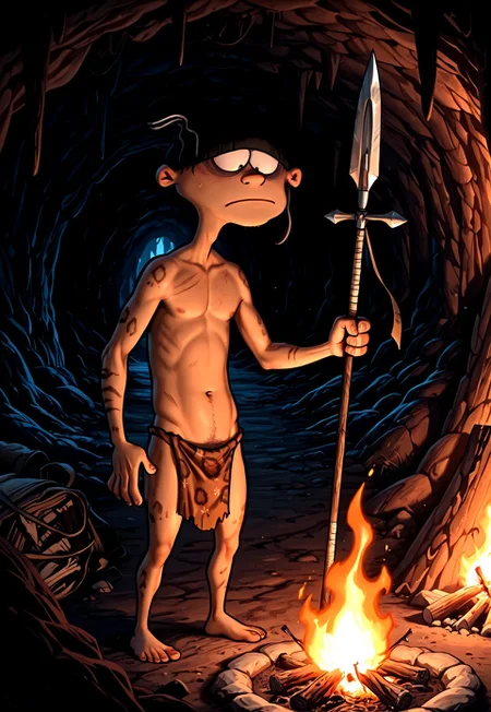 Masterpiece, absurdres, very aesthetic, best quality, highly detailed, newest, 8k, 1boy, solo, eddboi, sockhead, smooth black beanie, leopard loincloth, caveman, holding spear, barefoot, cave background, cave paintings, campfire, roasting