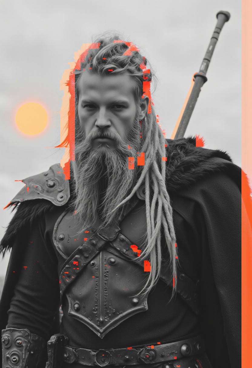 A highly detailed extreme close-up of a masculine, muscular dystopian Viking warrior with striking, thick, light-blonde dreadlocks as the focal point. His wild, battle-worn dreads cascade around his face, some strands adorned with glowing orange beads that pulse softly like embers. His massive, unkempt beard, just as thick and unruly as his hair, is streaked with dust and grime, giving him the look of a warrior hardened by countless battles. His chiseled, scarred features are set in a grim, unyielding expression, his piercing gaze radiating raw power and determination.
He wears a heavily worn shoulder pauldron, its metal battered and engraved with ancient runes, telling the story of his past victories. His armor is rugged, a mix of hardened leather and dented steel, draped with tattered furs from past conquests. Sharp, vibrant glitch effects cut through the soft, pale tones, distorting the edges of the image in jagged streaks of orange and red, as if reality itself is unraveling. Behind him, barely visible through the hazy clouds, two vibrant orange-red glitch-like suns flicker, dissolving into the distorted sky.
Nistyle, monochrome analog photo, extreme face close-up, a grim, battle-hardened Viking, exuding dystopian resilience and raw power, hyper-detailed photorealistic, with stark glitch accents against a soft, washed-out aesthetic.