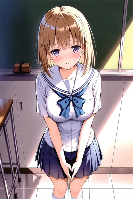 (masterpiece, best quality:1.2), amazing quality, very aesthetic, absurdres, perfect detail,
school, tile floor, chalkboard, cowboy shot,
standing, watson cross,  v arms, steepled fingers, shy, light smile, looking at viewer, blush, parted lips,
, satsuki, school uniform, serahuku, blue bowtie, short sleeves, breasts, pleated skirt, white socks,
<lora:XL_Ill_hentai-satsukit1:1>