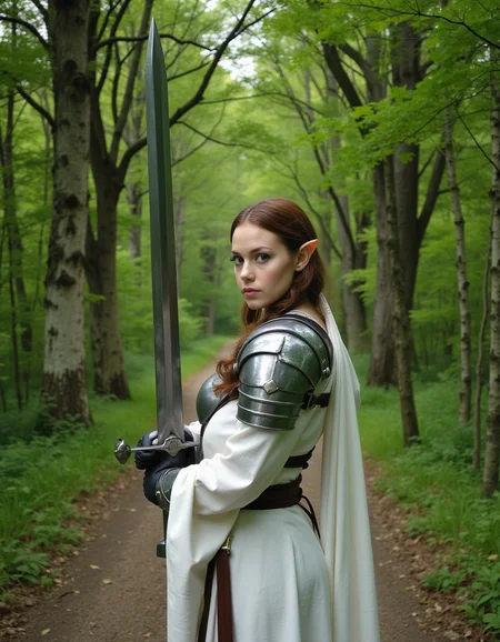cinematic fantasy movie photography: portrait of a noble paladin cleric female elf in white robes and gleaming chrome armor with a broadsword in a bright green glade forest clearing. As an elf she has pointed ears. And as a paladin she wears full armor and carries a sword. In the background are a row of oak and maple and birch trees with a narrow trail leading straight and deep under its shadowed canopy.