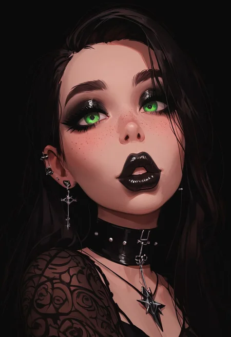 score_9, score_8_up, score_7_up, score_6_up, score_5_up, score_4_up, goth girl, gothic,  egirlmake up, choker, (beautiful face, cute face, 18 years old) Expressiveh, ASCII 1 girl, brown hair, green eyes, black latex outfit, medium breasts, upper body, portrait, 4k, big lips, choker, heavy make up, black lipstip, eyeliner, long hair, freckles