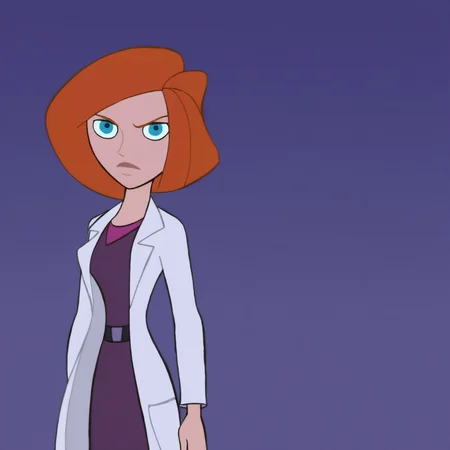 <lora:Kim_Possible_Style_6c_Illustrious_aon:1> kmstyle, masterpiece, best quality, outdoors, night, dark, looking at viewer, closed mouth, 1girl, solo, ankkiin, orange hair, short hair, blue eyes, doctor, lab coat, purple shirt
