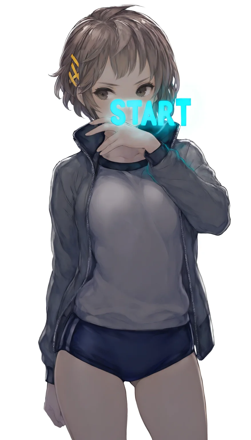 masterpiece,best quality,amazing quality,
<lora:natsunominamiNAI:1>,natsunominami,
1girl,solo,brown hair,short hair,bangs,brown eyes,yellow hairpin,grey jacket,gym uniform,blue gym shorts,cowboy shot,standing,looking sideways,raised right hand slightly,glowing text "START" appear on the face,white background,