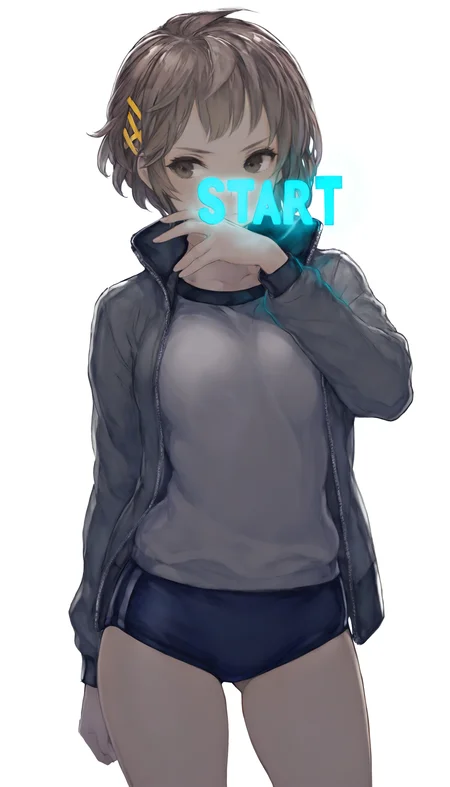 masterpiece,best quality,amazing quality,
<lora:natsunominamiNAI:1>,natsunominami,
1girl,solo,brown hair,short hair,bangs,brown eyes,yellow hairpin,grey jacket,gym uniform,blue gym shorts,cowboy shot,standing,looking sideways,raised right hand slightly,glowing text "START" appear on the face,white background,
