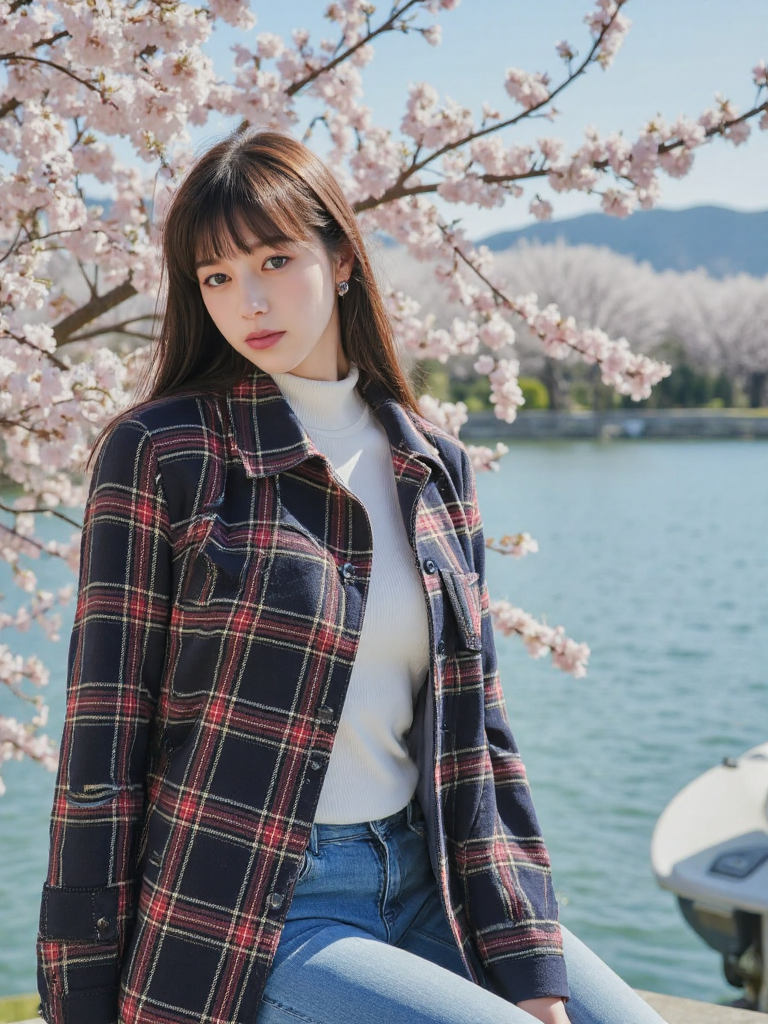 There are wonderful studio lights and various reflections,
18yo beautiful cute girl with blushing and female orgasm.skin naturally showing the texture of blood vessels and detailed pale skin,
--,
<lora:Nakajo_Ayami_f1:1>,she is Nakajo Ayami,
(Plaid_trench_coat:1.5),(Vintage_turtleneck:1.4),(Wide-leg_jeans:1.3), She was in a bright spring day, with Japan's Mount Fuji reflected in the lake, the waves reflecting the sunlight to form light spots, which were also reflected on her face, the cherry blossoms were in bloom but the atmosphere was a bit lascivious and erotic, because she was preparing to perform in an adult film, the scene was a bit surreal.,#æåªå¯å£«å±±