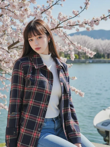 There are wonderful studio lights and various reflections,
18yo beautiful cute girl with blushing and female orgasm.skin naturally showing the texture of blood vessels and detailed pale skin,
--,
<lora:Nakajo_Ayami_f1:1>,she is Nakajo Ayami,
(Plaid_trench_coat:1.5),(Vintage_turtleneck:1.4),(Wide-leg_jeans:1.3), She was in a bright spring day, with Japan's Mount Fuji reflected in the lake, the waves reflecting the sunlight to form light spots, which were also reflected on her face, the cherry blossoms were in bloom but the atmosphere was a bit lascivious and erotic, because she was preparing to perform in an adult film, the scene was a bit surreal.,#æåªå¯å£«å±±