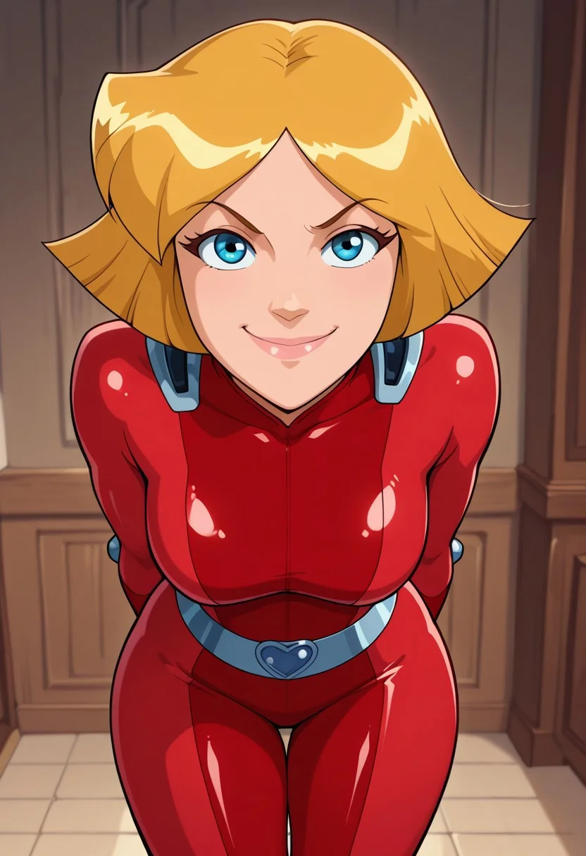 masterpiece, best quality, good quality, 1girl, solo, cartoon, parody, official style, cl0ver_totally_spies, short hair, blonde hair, blue eyes, red bodysuit, sexy, fit, medium breasts, wide hips, thick thighs, bottom heavy, beautiful, detailed, high detailed, very beautiful, detailed face, detailed eyes, detailed hand, abstract background, smile, smirk, posing, pose, hands behind back, leaning forward, looking at viewer, face focus, closeup