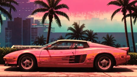 7-EtherealPrints, stylized, hotline_miami, side view, retro, vaporwave comic, 80s, muscle car, VintageSportscar, red-pink testarossa, car focus, side view, palm tree silhouettes in background, highly detailed, print texture<lora:art_style\xl_Ethereal Prints v1.0><lora:art_style\xl_VintageSportscar2-XL>