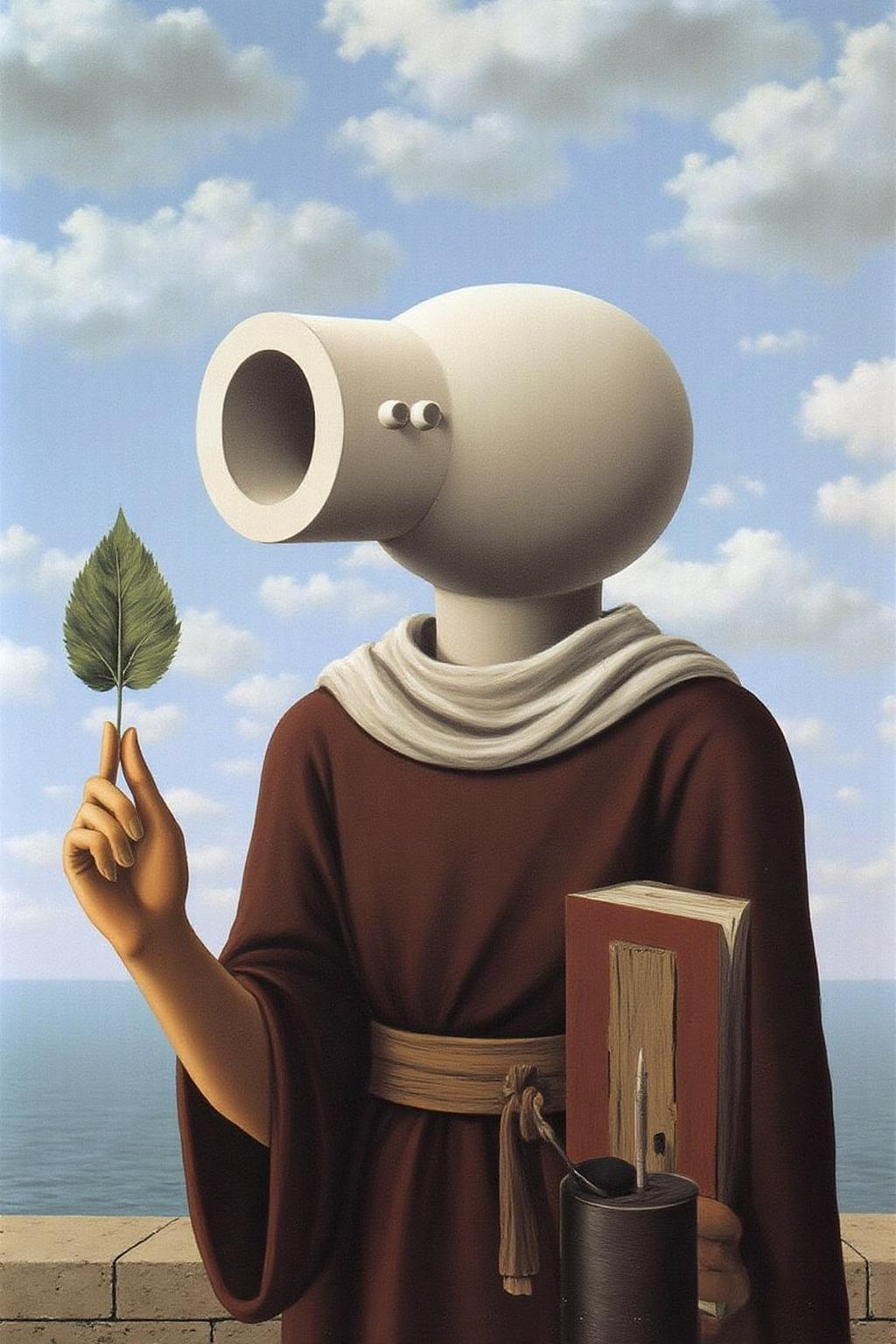 renemag1 painting.
A stylized, classical stone cannon barrel, devoid of any realistic detail, serving as the head of a figure. The cannon barrel has a large, smooth, rounded opening at the top, resembling a face, with a small, simple eye-like indentation on one side. There is a hand that holds a single leaf. <lora:renemag1_cap_d6a3:1.0><lora:829578242085272131:0>