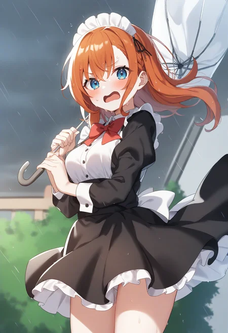 1girl,sincos, ningen mame, toosaka asagi,solo,medium breasts,20yo,maid,maid headdress,
cloudy sky ,floating hair ,leaning to the side,typhoon, storm ,raincoat,broken umbrella,umbrella,holding umbrella,rain,outdoors,wet,wind,wind lift, leaning forward, <lora:brokenumbrella_XL_v1:0.8>
from below, cowboy shot, looking at viewer, orange hair, golden eyes,panicking, scool courtyard, open mouth, twin braids hair,,
best quality, very aesthetic, absurdres