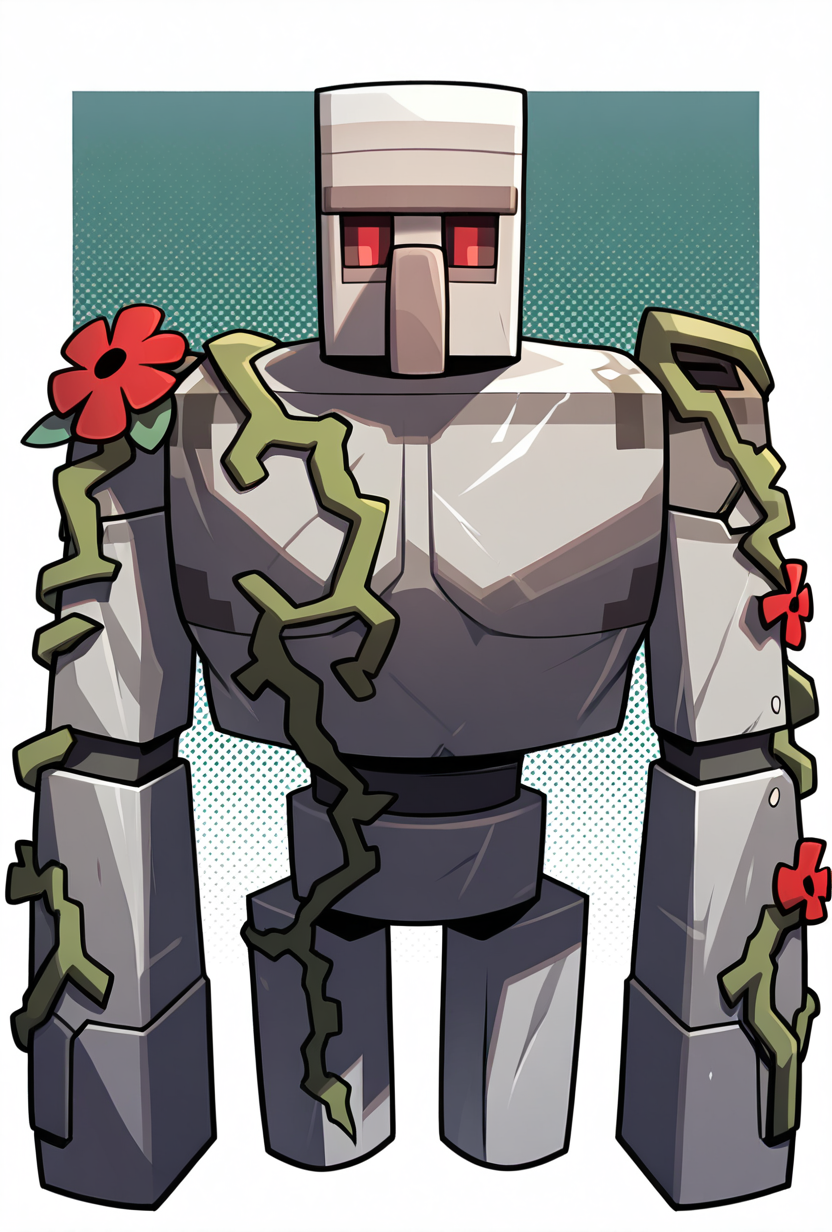 <lora:ironglem-10:1> ironglem, no humans, red eyes, standing, solo, robot, big nose, long nose, no mouth, plant, grey metal body, vines, mecha, moss, red flower, upper body, cropped legs, no legs, thick monobrow,, masterpiece, best quality, amazing quality, very aesthetic, absurdres, newest,, upper body, halftone effect, white borders, abstract background:1.2,