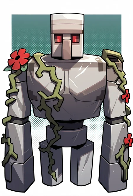 <lora:ironglem-10:1> ironglem, no humans, red eyes, standing, solo, robot, big nose, long nose, no mouth, plant, grey metal body, vines, mecha, moss, red flower, upper body, cropped legs, no legs, thick monobrow,, masterpiece, best quality, amazing quality, very aesthetic, absurdres, newest,, upper body, halftone effect, white borders, abstract background:1.2,