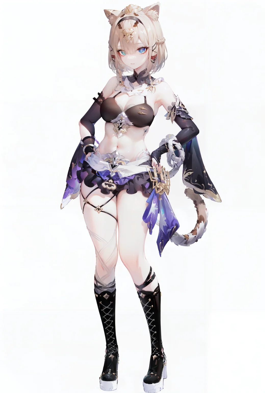 8k, best quality, masterpiece, (ultra-detailed:1.1), (high detailed skin),
(full body:1.3), white background, standing, looking at viewer, (solo:1.4), hand on hip,
<lora:paduodef-v100-000025:0.8:lbw=OUTALL>,(paduo:1.1), 1girl, cat ears, animal ears, breasts, boots, cat girl, bikini top only, cat tail, gloves, cleavage, brown hair, black footwear, heterochromia,(black skirt:0.5),
(white background, simple background:1.6),
(beautiful_face), ((intricate_detail)), clear face,
((finely_detailed)), fine_fabric_emphasis,
((glossy)), full_shot,