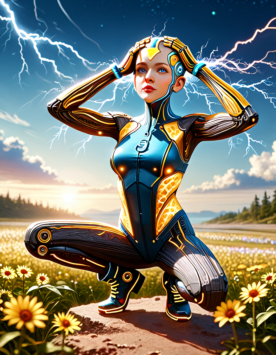 cinematic film still . female neural surgeon,  fifty-something, lithe, latin american, light blue eyes,  angular nose,  angular jaw, unusual cheeks, low forehead, heart face shape, slender waist,  , brown voluminous curls hair, pride, cybernetic extension, character extends a cybernetic limb or appendage, showcasing its capabilities,  wearing biomech-enhanced polymer neural mesh skirt,  neon pulse bolero,  plasma headpiece, , tense crouch, character crouches low with arms tensed, prepared for a sudden action, biopunk, purple and gold High-waisted shorts, bodysuit, ankle boots made of lighting thunder trails, textured layers hair, (Posing with hands on head, fingers interlocked.), country interior with golden and blue and red and yellow and purble lightning thunder trails, soft tropical color scheme glowing, 
Stable_Yogis_PDXL_Positives, score_9, score_8_up, score_7_up, rating_safe, source_photo, very aesthetic, absurdres, newest, scenery, highres, high detail, realistic, photorealistic, photo in the style of Adrianus Eversen, from above, lthndrtrl, 
, , , <lora:lightning_thunder:1>,<lora:hand 5.5:1>,<lora:Dynamic Poses:1> . shallow depth of field, vignette, highly detailed, high budget, bokeh, cinemascope, moody, epic, gorgeous, film grain, grainy