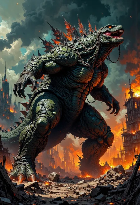 A colossal, fire-breathing Godzilla, inspired by the 1954 original, standing amidst a devastated, smoldering urban landscape, with crumbling skyscrapers and twisted metal debris scattered around its massive, scaly feet, its iconic, powerful tail swishing behind it, as it lets out a mighty roar, its piercing, glowing red eyes fixed intently on the horizon, its rough, bumpy skin a dark, mossy green hue, with hints of charcoal gray and brown, set against a dark, ominous, smoke-filled sky with hints of orange and yellow from the burning cityscape.