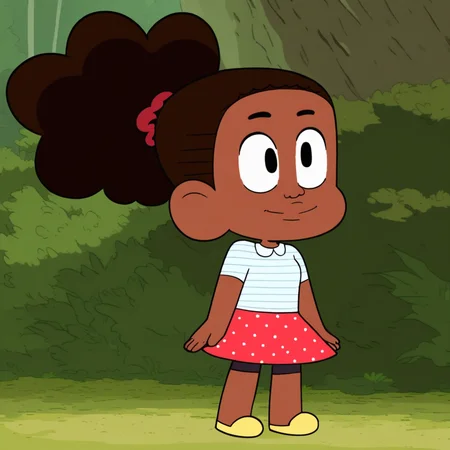 black short, expressive eyes, short stature, Jessica_Cotc, yellow shoes, full body, black eyebrows, smile, 1girl, Score_9, red hair band, red skirt with white polka dots, Solo, white shirt with blue stripes, standing, hairstyle big fluffy ponytail, black eyes, in a forest, dark brown hair, brown skin