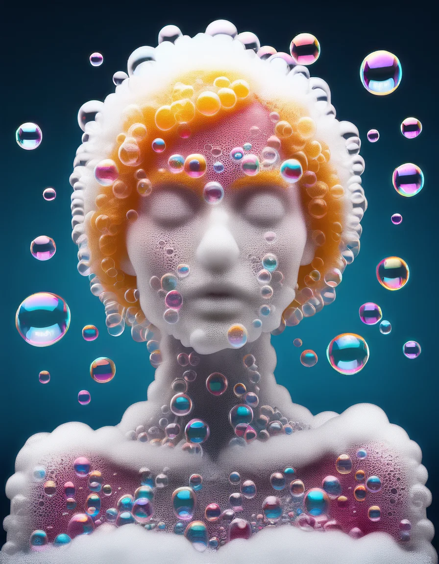 anna from frost made of soap bubbles and bath foam, colorful background <lora:Aether_Bubbles__Foam_v1_SDXL_LoRA:1>