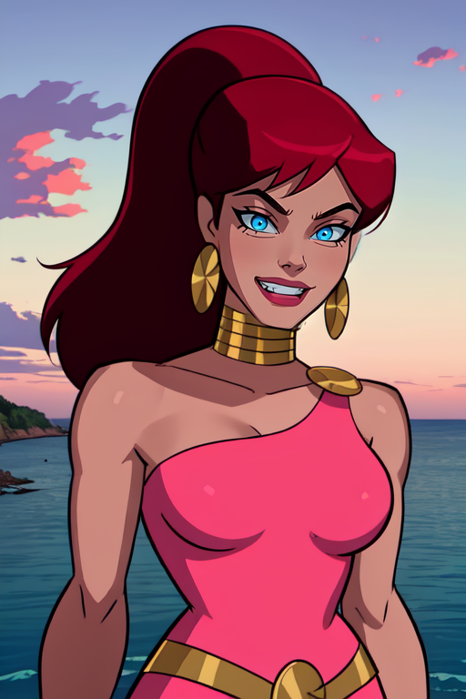 Giganta, red hair, ponytail, blue eyes, lips, 
pink dress, gold jewelry,  gold belt, off shoulder, 
solo,standing, upper body, grin, 
island, ocean, 
(insanely detailed, beautiful detailed face, masterpiece, best quality) cinematic lighting,
 <lora:Giganta-10:0.8>