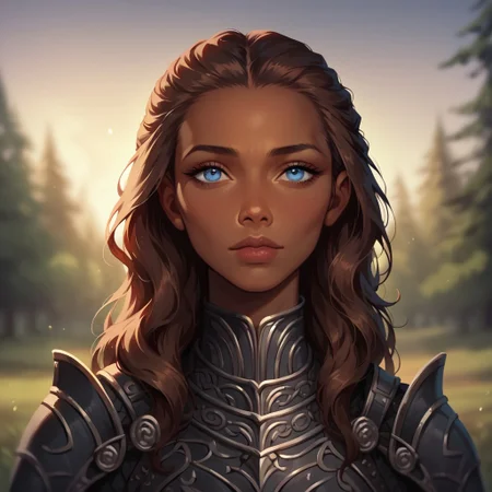 (((detailed, beautiful, high quality))), score_9, score_8_up, score_7_up, upper body,
(depth of field, dynamic lighting),
human,
1 girl, african appearance, sky blue eyes, long hair, brown hair, black armor,
looking at the viewer, posing, 
blurred background, fantasy background, dark background, forest,