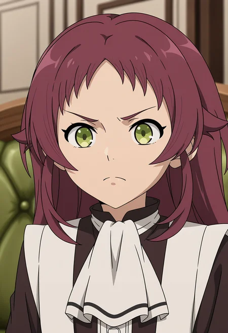 <lora:Aisha GREYRAT_illustrious-000046:1>,
Aisha GREYRAT,solo,long hair,looking at viewer,ascot,closed mouth,blurry,parody,upper body,indoors,couch,blurry background,frown,white ascot,anime coloring,anime screencap