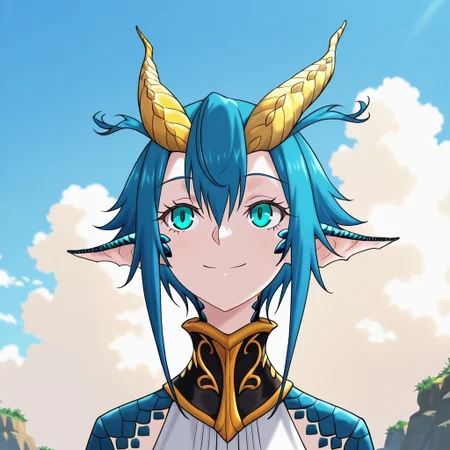 Skadi-Dragenfelt, Dragonoid, 1girl, solo, smile, blue eyes, blue hair, outdoors, horns, sky, day, pointy ears, cloud, blue sky, dragon horns, dragon girl, general