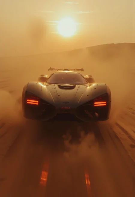 A breathtaking, cinematic shot of a mechanical sci-fi sports car slicing through the dense desert sandstorm. The sleek, angular beast of gunmetal plating and glowing neon accents roars beneath the dim light of dusk, its aerodynamic contours cutting through the swirling dust like a blade. Its ultra-low profile hovers just above the dunes, anti-gravity thrusters leaving a wake of disturbed sand and ionized embers. At the front, a menacing, visor-like grille pulses with an ominous red glow, flanked by razor-thin headlights that pierce the storm with a cold, artificial glare. The vehicle’s smooth surface is interrupted by exposed sections of intricate servos, actuators, and micro-thrusters adjusting in real time, their movements precise and purposeful. The cockpit, encased in a seamless, reinforced glass canopy streaked with sand, offers only a fleeting glimpse of the mysterious driver—silhouetted against the electric hum of dynamic holographic controls. At the rear, twin propulsion cores cycle between deep blue and fiery orange as they vent plasma into the turbulent sky, sending shockwaves rippling through the storm. The scene is a symphony of light and shadow—glowing circuitry against matte black alloys, the erratic chaos of nature against the razor-sharp precision of cutting-edge engineering.