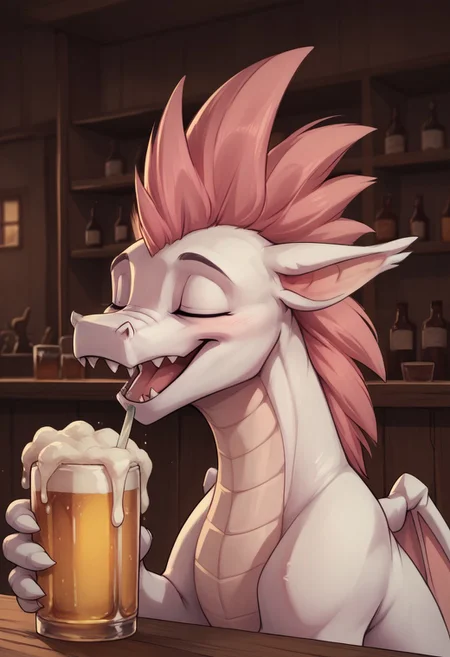 score_9, score_8_up, score_7_up, score_6_up, Fizzle \(mlp\), feral dragon, white body, pink hair, red eyes, indoors, bar, drinking beer, happy, close up, head up, closed eyes