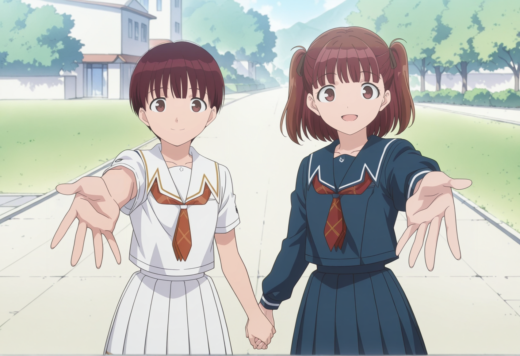 anime screencap, anime screenshot, anime coloring, 2girls, outdoors, smile, holding hands, reaching towards viewer, 1girl, red hair, very short hair, brown eyes, white serafuku, pleated skirt, short sleeves 
BREAK
anime screencap, anime screenshot, anime coloring, 2girls, outdoors, smile, holding hands, reaching towards viewer, 1girl, brown hair, medium hair, twintails, red eyes, blue serafuku, pleated skirt, long sleeves <lora:nana_narumi_kimikiss:1>, masterpiece, best quality, amazing quality, very aesthetic, absurdres, highres, newest