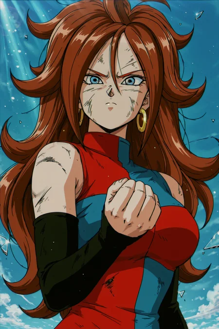 anime screencap, masterpiece, best quality, amazing quality, very aesthetic, absurdres, newest, (scenery, volumetric lighting), dappled moonlight, light particles, light rays, lens flare,
android 21, human, 1990s \(style\), anime coloring, retro artstyle, 1girl, solo, long hair, breasts, looking at viewer, curly hair, brown hair, blue eyes, serious, frown, hoop earrings, short dress, checkered clothes, checkered dress, bare shoulders, detached sleeves, black sleeves, glass shards, v-shaped eyebrows, upper body, clenched hand, outdoors, blue sky, smoke, scratches, dirty face, closed mouth, red and blue checkered dress,
<lora:Android_21v2.1:0.8>
