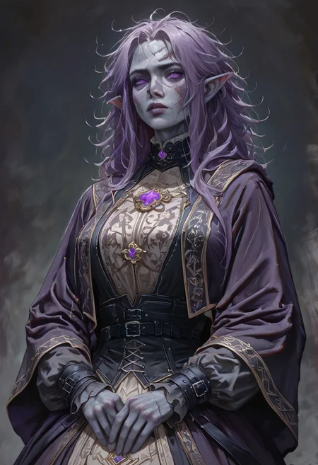 masterpiece, best quality, newest, absurdres, highres,
DPILV1.0,
1girl, goth, gothic, goth fashion, victorian, elf, coreset, messy hair, scar, scars, scar on face, robe, medival, medival clothing, mature, mature female,
Purple hair, Purple eyes, grey skin, colored skin, grey colored skin,