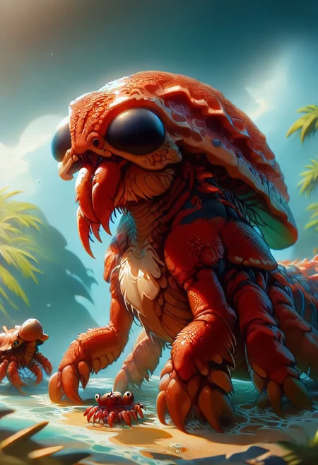 a giant crab, tall and monsterous, very spindley and thin, crab, arthrapod, red exoskeleton, crab claws, crab legs, tropical beach