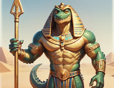 score_9, score_8_up, score_7_up, <lora:EgyptianWorldPony:1>, egyptianworld, 1man, muscular, claws, green scales, crocodile head, tail, holding, holding spear, pharaoh hood, amber eyes,