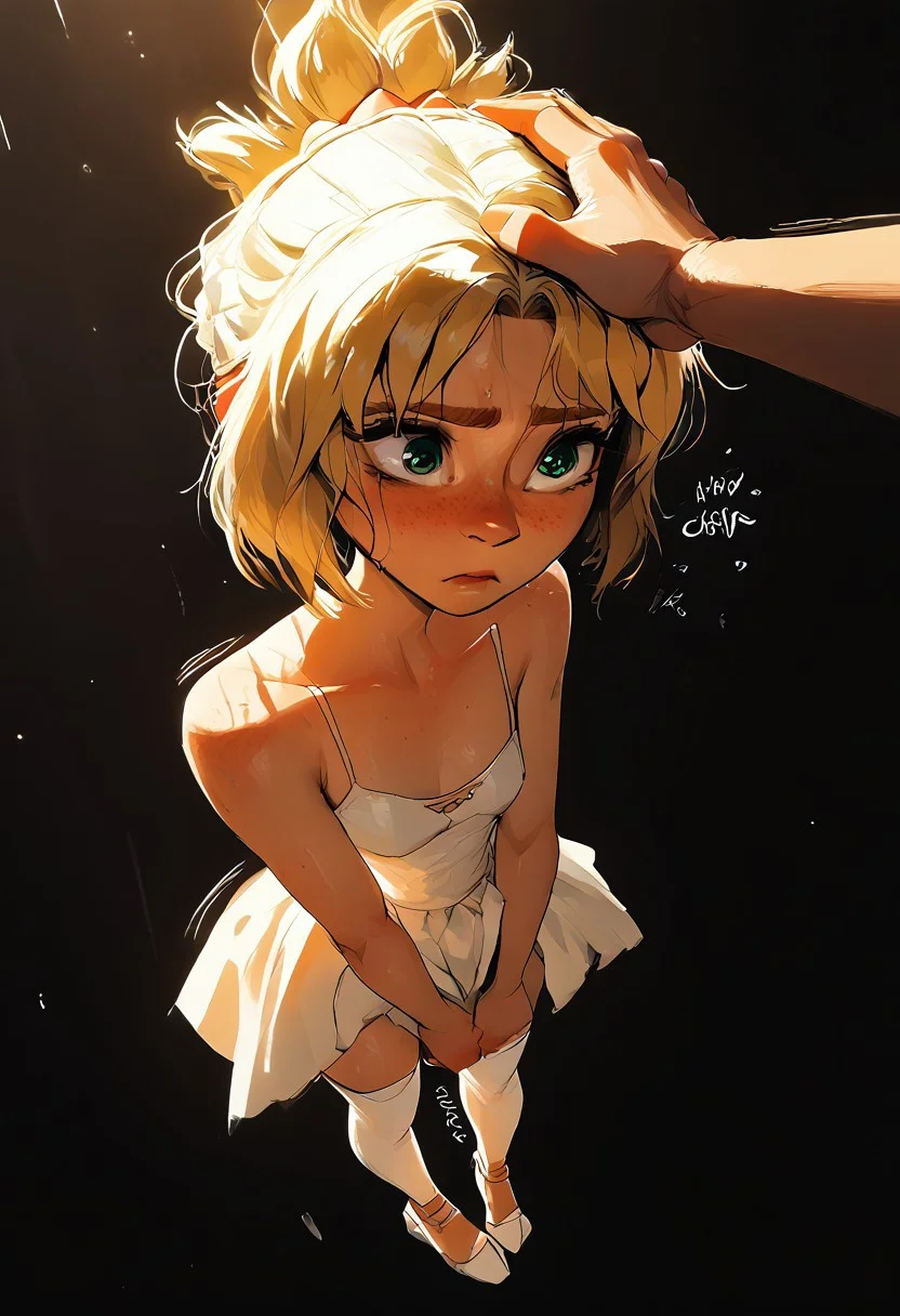 Source_anime, a woman, cute perfect face, (score_9, score_8_up, score_7_up), full body, 1girl, 18 years old, petite, [shortstack], narrow waist, small hips, gorgeous girl ,kawai girl,  glitter makeup, oiled body, sweaty, blonde hair, short hair, ponytail, red scrunchie cute face, cute girl, embarrassed, looking up, sad, head down, Expressiveh, 1girl. sweat, , large and thin neck, thin, fit body, small ass, small waist, short hair small chest, wide eyes, green eyes, freckles, blonde hair, short hair, Ponytail, small perky breasts, flat chest, young face, kinky, adorable, petite, DB_Senya dress, short round wedding dress, white thigh highs, white high heels, cutest girl in the world, cleavage, looking up, volumetric lighting, dramatic lighting, high contrast, horny, head tilted back, raw, depth of field, loving look, looking down, relaxed mouth, noises, sound effects, motion lines, action effects, hearts, floating hearts,(slim fit), , blurry background, light particles, ethereal, rating_explicit, dynamic angle, ncpy13 style, pastels drawing, dark background, motion lines, motion blur, headpat, pov hands, pov