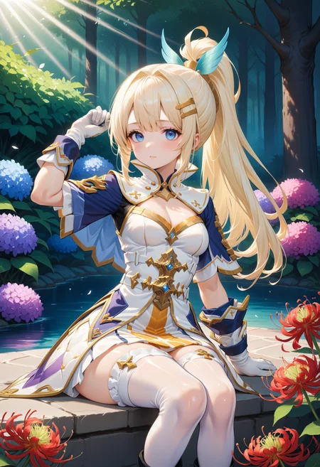 masterpiece, best quality, very aesthetic, absurdres, rom_saint_xl,
1girl, blonde hair, ponytail, hair ornament, blue eyes, sitting,
from side, looking at viewer, fixing hair, miniskirt, mystical forest, water, spider lily, hydrangea, falling petals, light rays, tyndall effect, vivid colors, tranquil and magical atmosphere,
shiny skin, beautiful face, beautiful eyes, extreme detailed, official art, professional illustration, hires,
<lora:rom_saint_pony_xl:1>, <lora:aesthetic_anime_v1s:0.5>, <lora:add_details_xl:0.5>