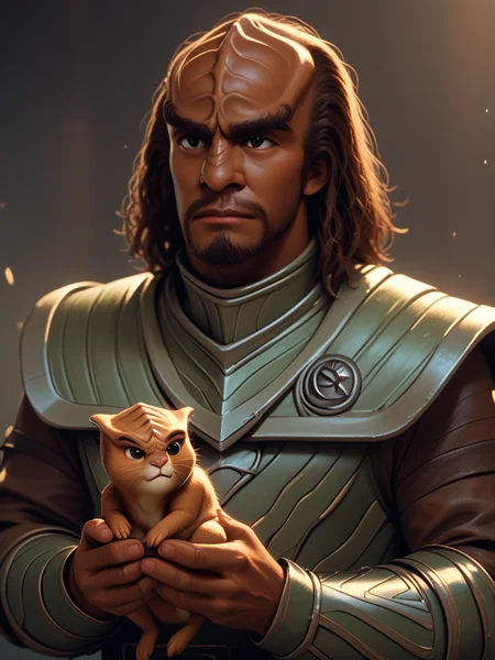 holding a cute kitten <lora:Klingon_v2_pony:1> score_9,score_8_up,score_7_up,score_6_up,score_5_up,score_4_up , 1man, kling0n alien, large forehead ridges, brown skin, large eyebrows, wearing warrior armor,