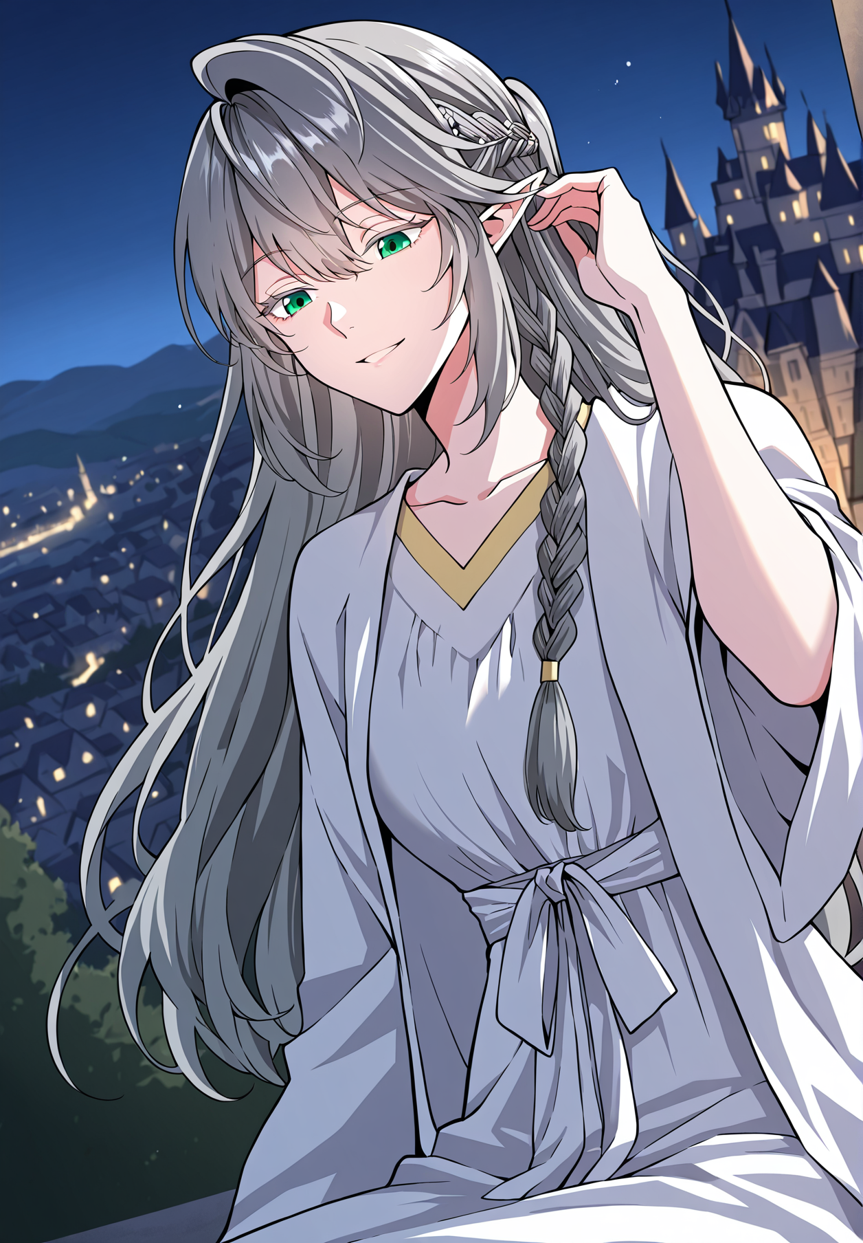 <lora:Tessia_Eralith__The_Beginning_After_the_End__Illustrious_v1-000008:1>
1 girl, solo, elf, pointy ears, green eyes, grey hair, braid, side braid, french braid, hair bettween eyes, bangs, long hair, ahoge
white robe, collarbone, hair ornament,
score_9, score_8_up, score_7_up, very aesthetic, source_anime, detailed, high quality, beautiful, masterpiece, detailed eyes, castle, village, blurry background, cityscape, pose dynamic angle, light smile, open mouth, hand on hair, sitting, night