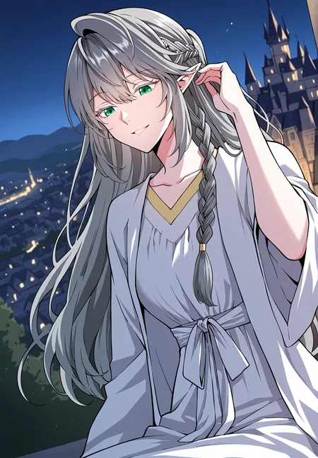 <lora:Tessia_Eralith__The_Beginning_After_the_End__Illustrious_v1-000008:1>
1 girl, solo, elf, pointy ears, green eyes, grey hair, braid, side braid, french braid, hair bettween eyes, bangs, long hair, ahoge
white robe, collarbone, hair ornament,
score_9, score_8_up, score_7_up, very aesthetic, source_anime, detailed, high quality, beautiful, masterpiece, detailed eyes, castle, village, blurry background, cityscape, pose dynamic angle, light smile, open mouth, hand on hair, sitting, night