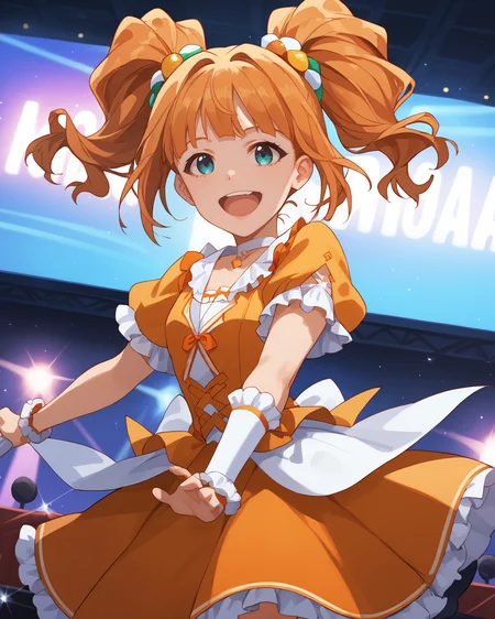 pinup of 1girl, solo, idol concert, singing on stage, cheerful, smile, open mouth, microphone, orange theme, stage lights, white pillar, multicolored neon, large television, glint, light particles,
<lora:TakatsukiYayoi_pony_v1:0.9> tktkyyi, long hair, orange hair, twintails, bangs, aqua eyes, hair ornament, flat chest, small breasts, idol clothes, orange dress, short sleeves, white frills, frilled wristband, skirt, thighs, jewelry, choker,, score_9, score_8_up, score_7_up, source_anime,