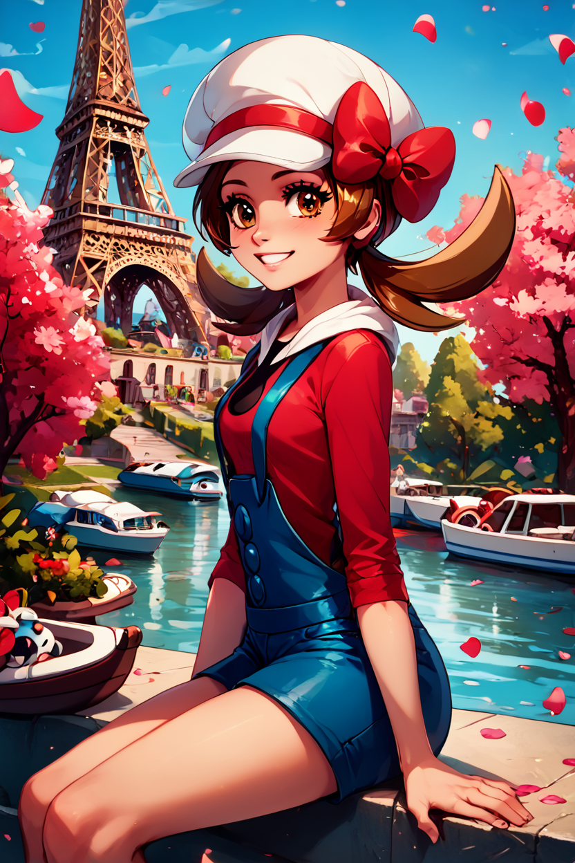 score_9, score_8_up, score_8, medium breasts, (curvy), cute, eyelashes,       BREAK, , ,,, zzLyra, brown eyes, brown hair, twintails, long hair, white cabbie hat, red hat bow, red shirt, blue overalls, <lora:Lyra_Pokemon_PDXL:1.0>, ,,,, BREAK, zzEiffelTower in background, sitting, watercraft, boat, sitting on wall, side view, looking at viewer, smile, ,,, BREAK, blooming stars, luminescent petals, otherworldly fragrance blurry background, ,,, embedding:zPDXL, Expressiveh, ,,, <lora:EiffelTowerPDXL:0.8>, <lora:CatalystStylePDXL:0.6>, <lora:SDXLFaeTastic2400:0.5>, <lora:Expressive_H-000001:0.4>,