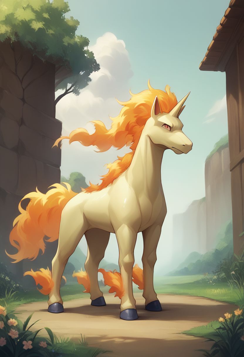 (source_anime, source_furry, score_9, score_8_up, score_7_up:1), rapidash, solo male, outdoors, looking at viewer, no humans