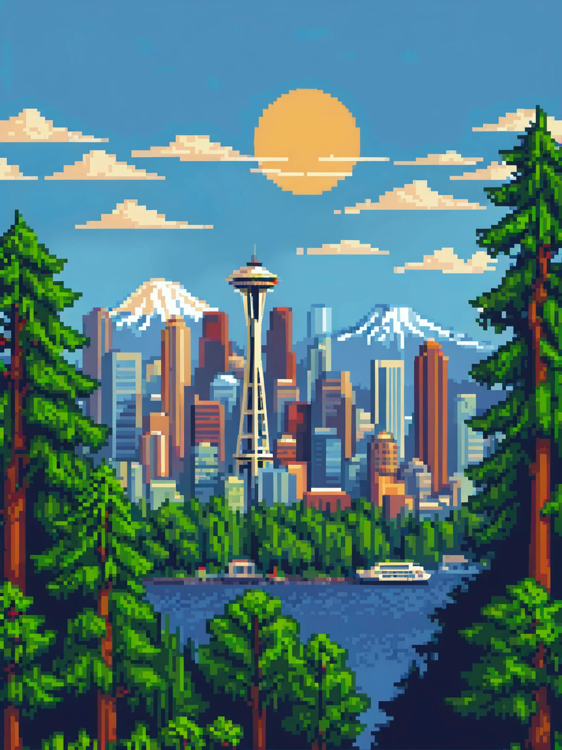 Art deco poster, city skyline, seattle, moutain, blue sky, flat colors, simplistic, trees. <lora:pixelbuildings128-v2:0.8>, pixel_art,