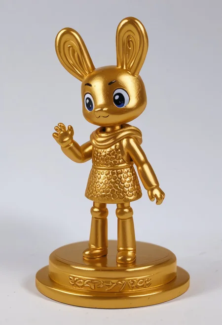 a golden porcelain (((figurine of DedMoroz))) with a blue new_year pattern (pmg style, h1ppyCE style, hippy, DedMoroz)