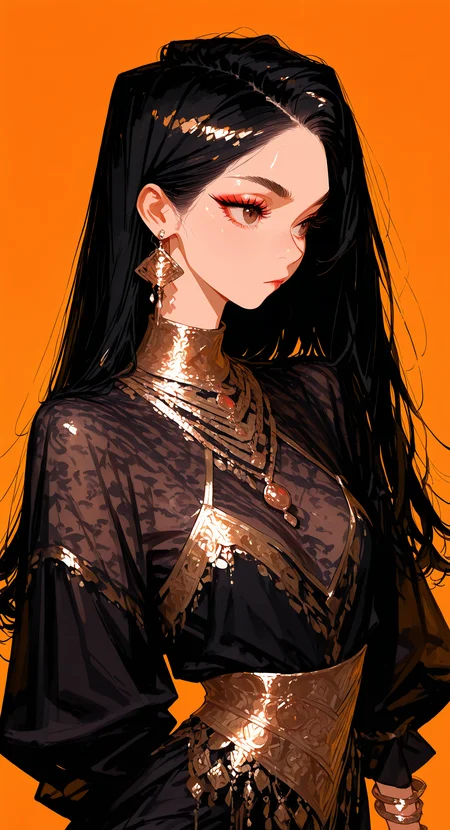 masterpiece, best quality, good quality, very aesthetic, absurdres, newest, 1girl, solo, long_hair, simple_background, black_hair, long_sleeves, closed_mouth, jewelry, brown_eyes, upper_body, earrings, necklace, bracelet, looking_to_the_side, eyelashes, makeup, thick_eyebrows, gold_trim, orange_background, bangle, head_scarf, gold, gold_earrings, arabian_clothes, gold_necklace, gold_bracelet, embroidery, looking_at_viewer, facing_viewer, <lora:ponyv4_noob1_2_adamW-000017:0.7> <lora:USNR_STYLE_XL_lokr:0.45> <lora:NoctFlatStyleILV0.6:0.7> <lora:wl-illV1-000017:0.8>