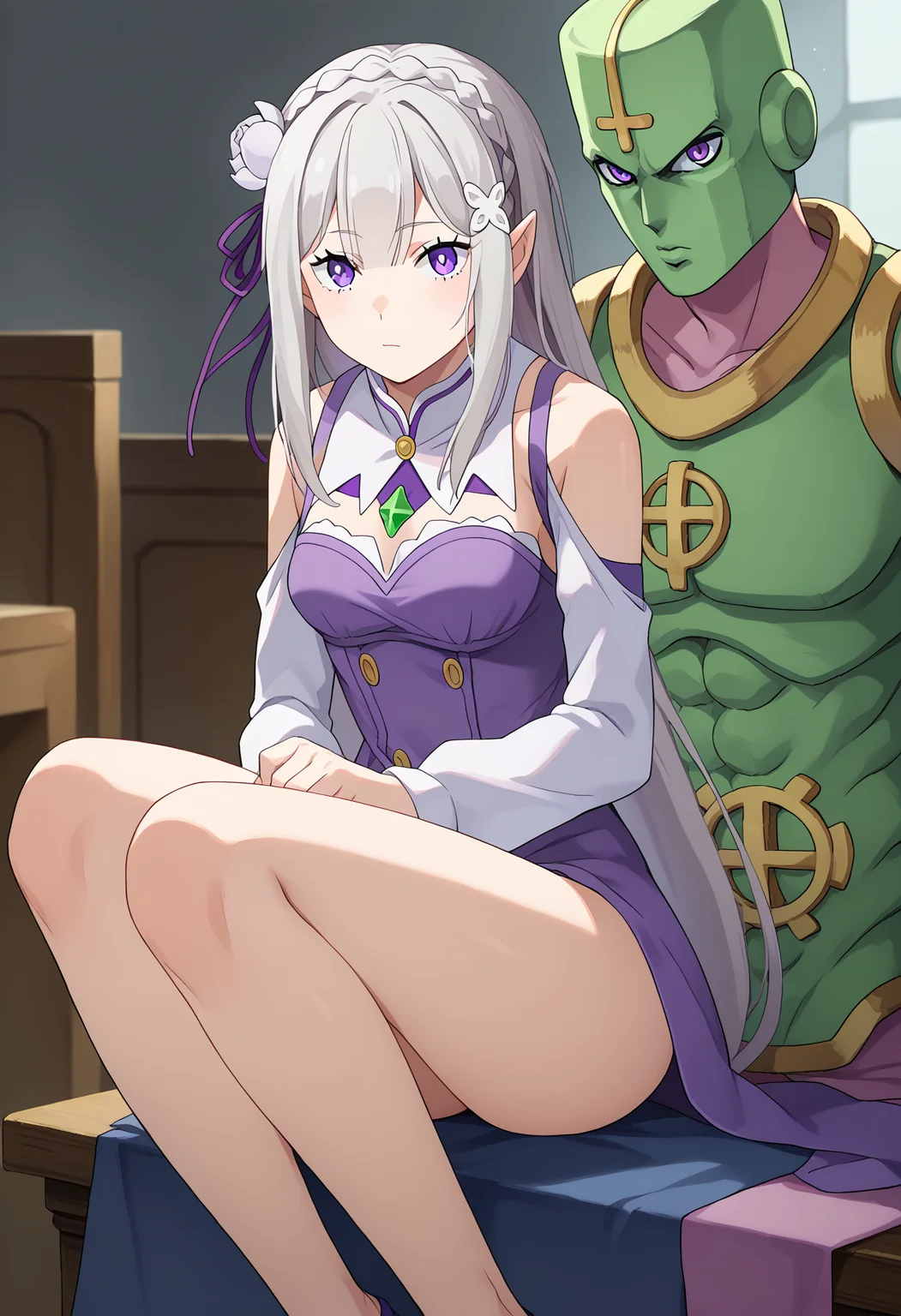 score_9, score_8_up, score_7_up, source_anime,
BREAK
<lora:shiEmiliaV2:0.8> shimilia, long hair, grey hair, purple eyes, pointy ears, crown braid, hair flower, hair ribbon, purple ribbon, x hair ornament, eyes visible through hair,
sitting, looking at viewer,
BREAK
<lora:shiJojoStandV2:1.1>, shijojostand, stand \(jojo\), 1other,
makeup, multiple boys,