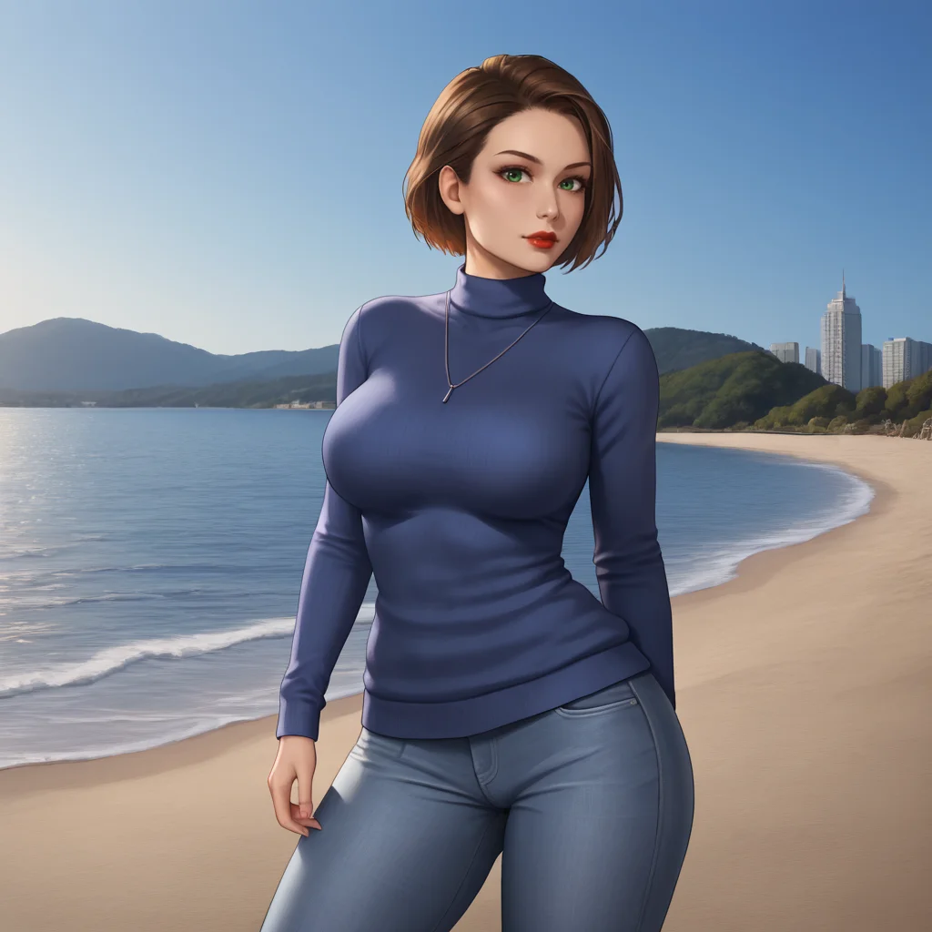 <lora:jillresidentevil3remake_pony_v1:.9>  JillValentineResidentEvil3Remake, 1girl, brown hair, short hair, large breasts, green eyes, red lips, cowboy shot, sweater, jeans, looking at viewer, sexy pose