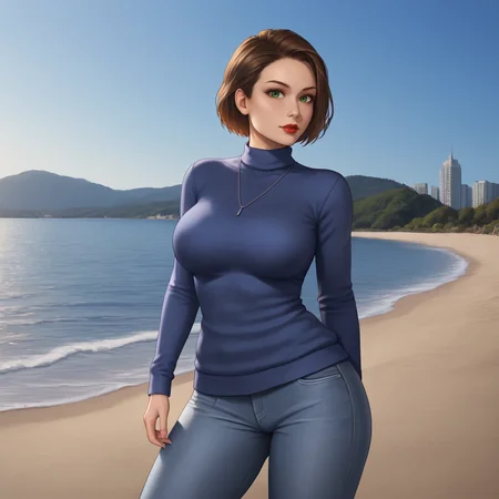 <lora:jillresidentevil3remake_pony_v1:.9>  JillValentineResidentEvil3Remake, 1girl, brown hair, short hair, large breasts, green eyes, red lips, cowboy shot, sweater, jeans, looking at viewer, sexy pose