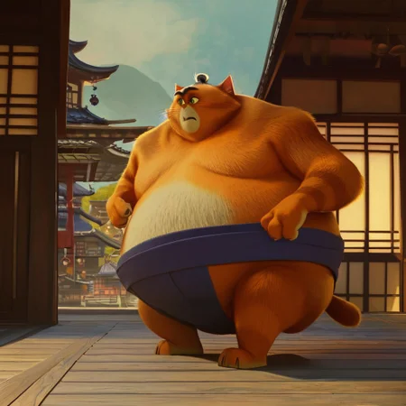 score_9_up, score_8_up, score_7_up, (detailed face, detailed background, perfect eyes, perfect anatomy, masterpiece, best quality), Sumo, cat, fat, whiskers, cat ears, dark blue sumo belt, furry, blue eyes, thick eyebrows, sharp teeth, colored sclera, pale yellow sclera, tiny pink nose, stubby tail, crop of black hair braided into a small bun, black unibrow, indoors, sliding door, Japanese village,