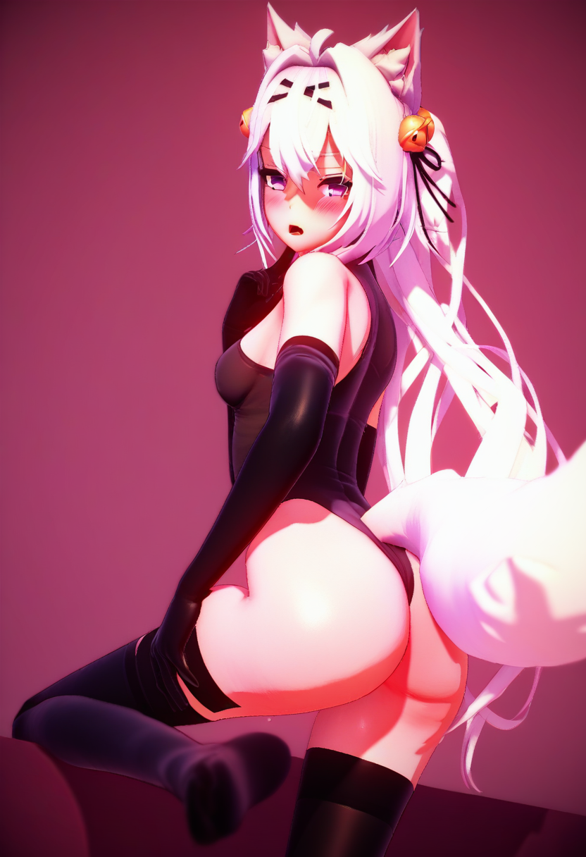 rating_explicit,  <lora:Filian_for_PonyXL:1>, filian, solo, ass, gloves, hair bell, blush, elbow gloves, white hair, thighhighs, hair ornament, bell, breasts, long hair, fox ears, looking at viewer, fox tail, open mouth, black thighhighs, black gloves, ribbon, hair between eyes, fox girl, leotard, hair ribbon, looking back, jingle bell, score_9, score_8_up, score_7_up, score_6_up, score_5_up, score_4_up