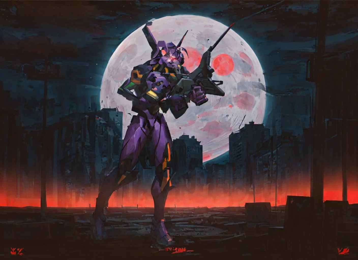 evaunitone, cannon, city, evangelion (mecha), glowing, glowing eyes, holding cannon, horns, mecha, moon, night, night sky, red eyes, robot, science fiction, single horn, sky, starry sky, weapon, eva 01, neon genesis evangelion, highres <lora:SD15_noise_offset:1> <lora:eva01_v2:0.7>